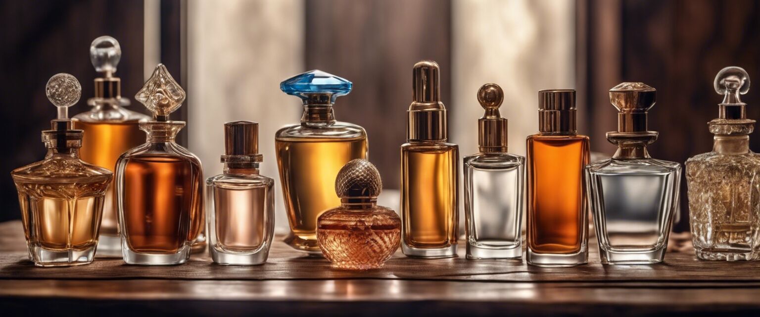 Variedad de perfumes en una mesa de madera